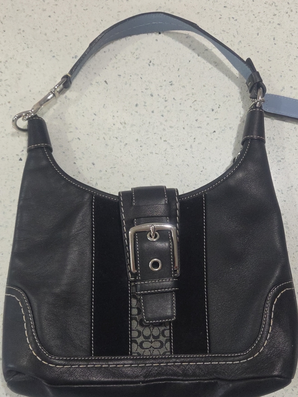 Vintage Coach Black Leather Shoulder Bag with Buckle Accent -
